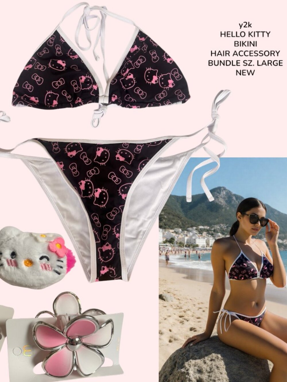Y2K HELLO KITTY STRING BIKINI BATHING SUIT HAIR ACCESSORY BUNDLE LARGE NEW